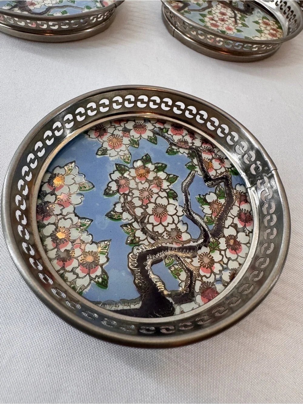 Vintage MCM Barware Japanese Sakura Foil & Washi Paper Glass Coasters MAKE OFFER